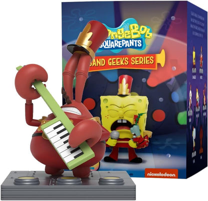 Red Mr. Krabs vinyl figure playing keytar, with marching band Spongebob shown on the SpongeBob Band Geeks Series collectible box