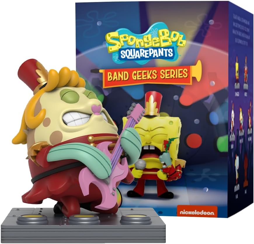 SpongeBob Band Geeks Series vinyl figure playing pink electric guitar, displayed in front of the product box featuring SpongeBob in a uniform