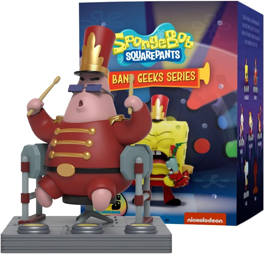 Patrick Star Band Geeks vinyl figure in red marching uniform drumming, with SpongeBob Series packaging visible behind it