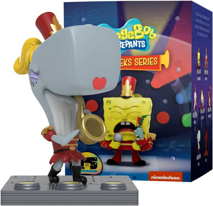 Spongebob SquarePants Sweet Victory Pearl Krabs collectible figure playing the saxophone, standing beside the packaging showing Spongebob singing
