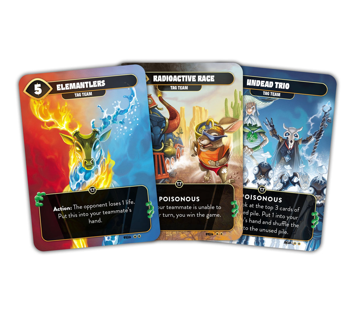 Three vibrant &#39;Tag Team&#39; game cards fanned out: Elemantlers (fire/water deer), Radioactive Race and Undead Trio