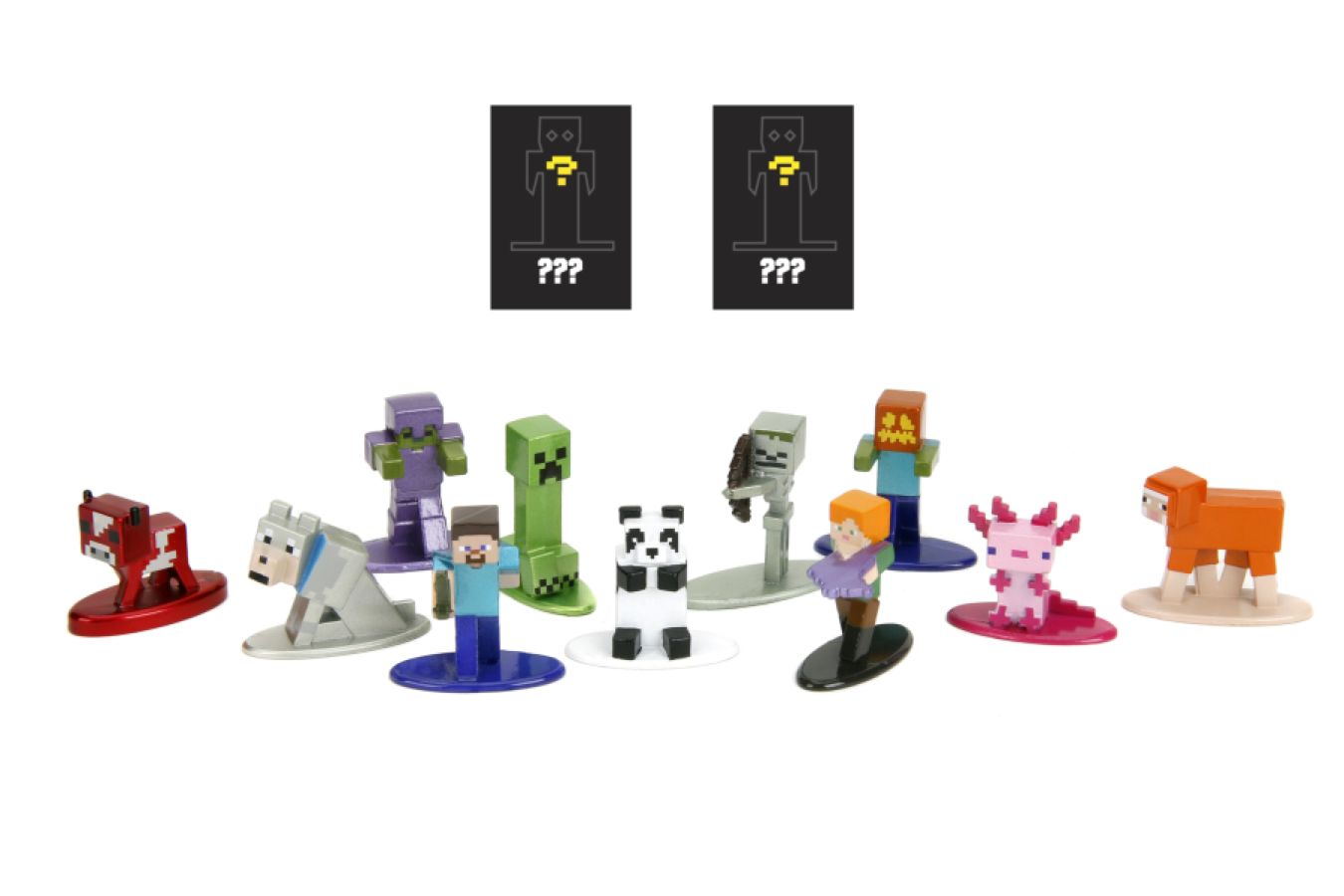 Eleven Minecraft collectible figures: fox, wolf, Steve, zombie, Creeper, panda, skeleton, zombie pigman, Alex, axolotl, sheep, two mystery blind boxes above