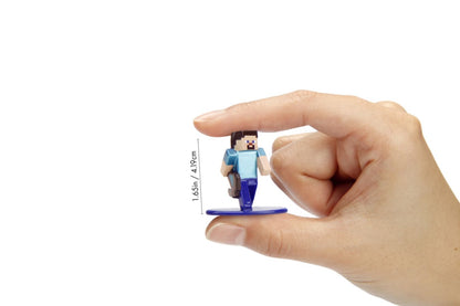Hand holding a miniature Minecraft Steve figure on a blue stand, with blocky features and blue shirt