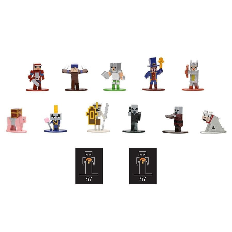 Collection of 11 diverse Minecraft mini-figures, including knights, a pig, a dog, and zombies, plus two mystery cards