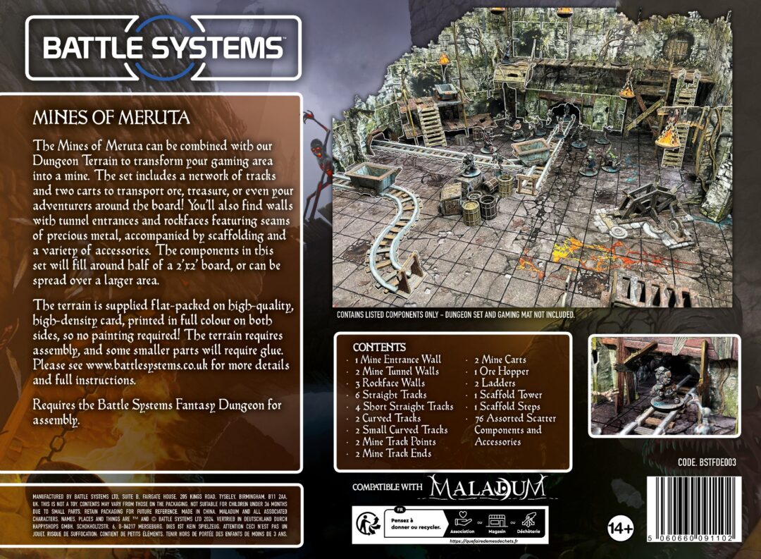 Detailed modular mine-themed tabletop terrain with tracks, carts, tunnels, and miniature figures