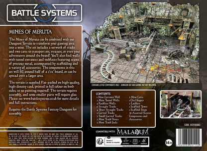 Detailed modular mine-themed tabletop terrain with tracks, carts, tunnels, and miniature figures