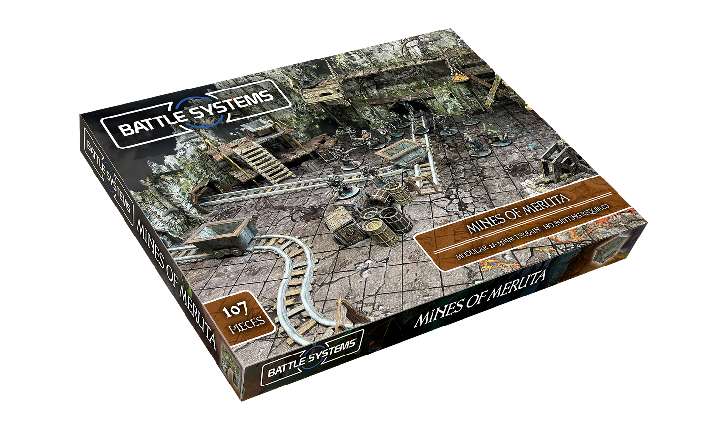 Battle Systems: Mines of Meruta game box, showing a modular 28-35mm mine terrain set with miniatures, tracks, and carts