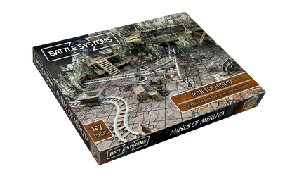 Battle Systems: Mines of Meruta game box, showing a modular 28-35mm mine terrain set with miniatures, tracks, and carts