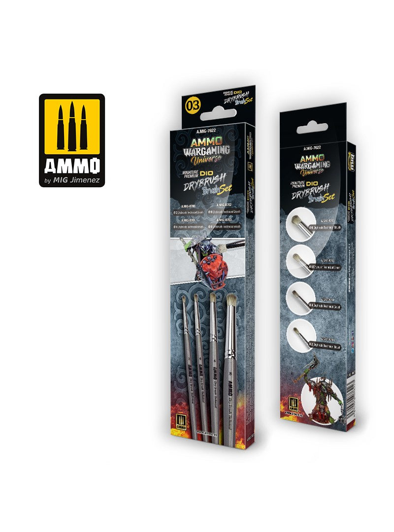Two packages of AMMO Wargaming Universe Drybrush Set, showing four brushes used for painting miniatures.