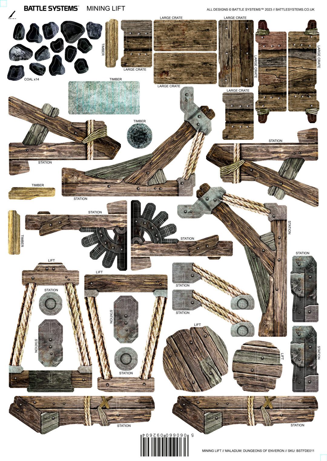 Cut-out pieces for a wooden mining lift terrain set, with ropes, metal details, coal, and crates