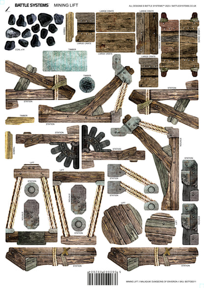Cut-out pieces for a wooden mining lift terrain set, with ropes, metal details, coal, and crates