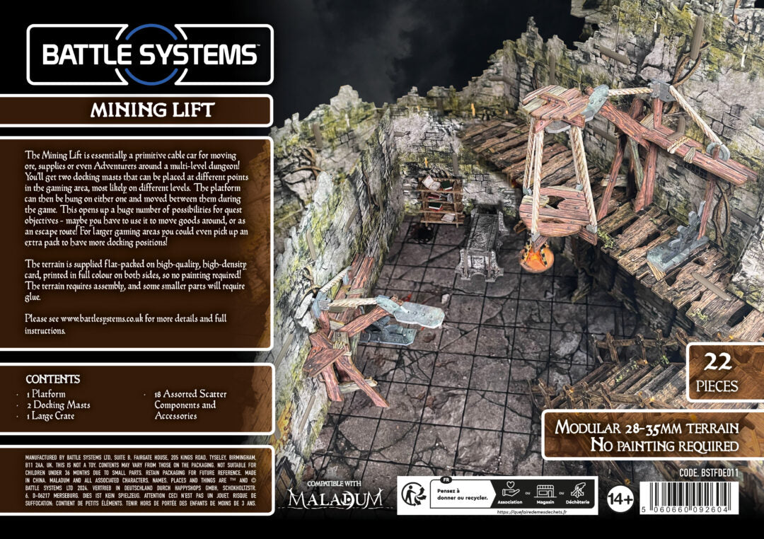 A modular Battle Systems Mining Lift tabletop terrain, featuring a suspended wooden platform in a stone cave