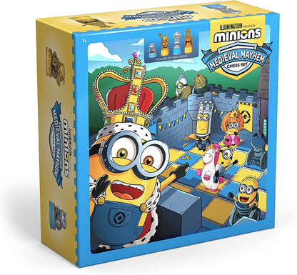 Minions Medieval Mayhem Chess Set box with a Minion king pointing to Minion medieval chess pieces on a castle board