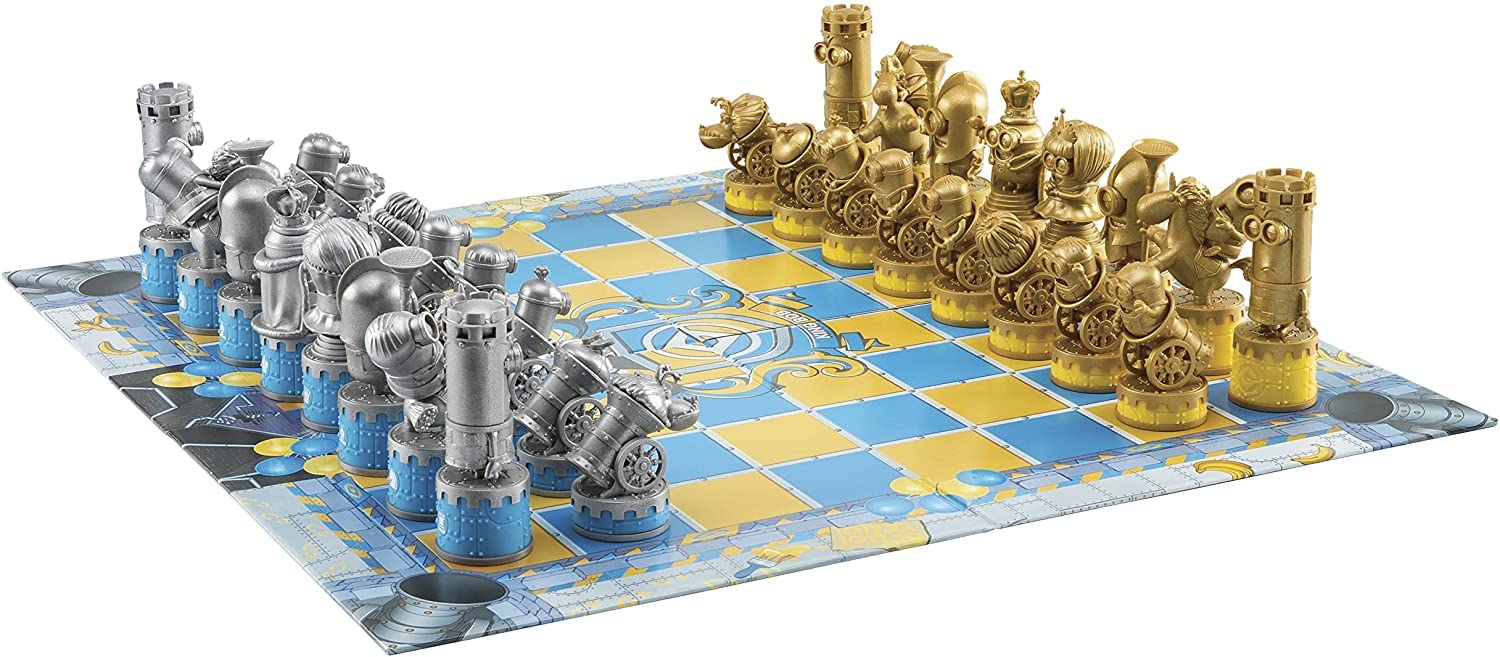 Gold and silver Minions-themed chess pieces on a blue and yellow board, set up for a game