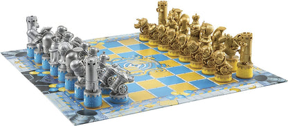 Gold and silver Minions-themed chess pieces on a blue and yellow board, set up for a game