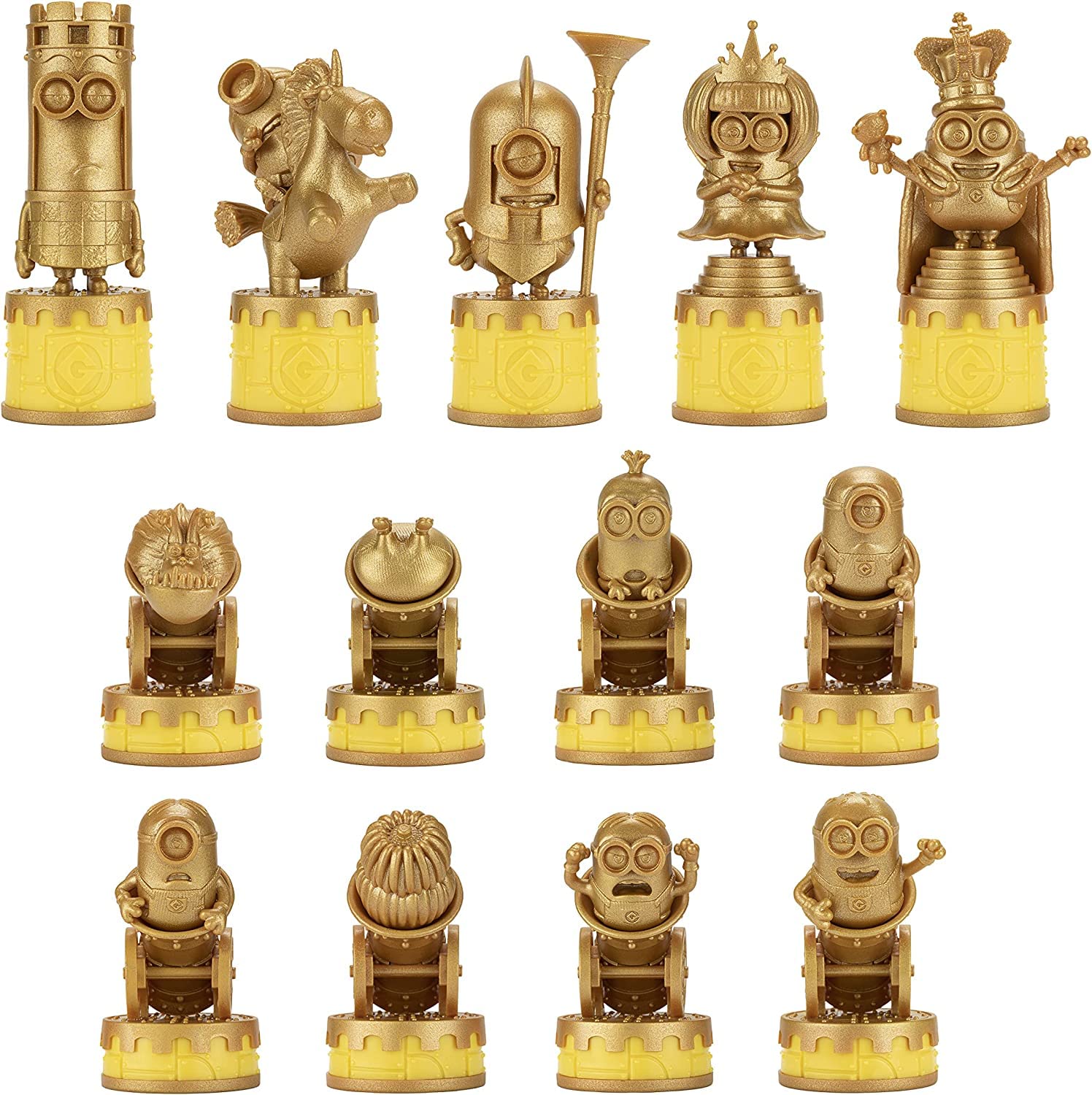 Twelve golden Minion figures in diverse costumes and poses, standing on yellow bases