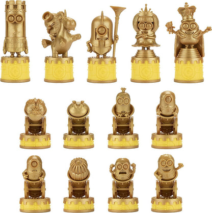 Twelve golden Minion figures in diverse costumes and poses, standing on yellow bases