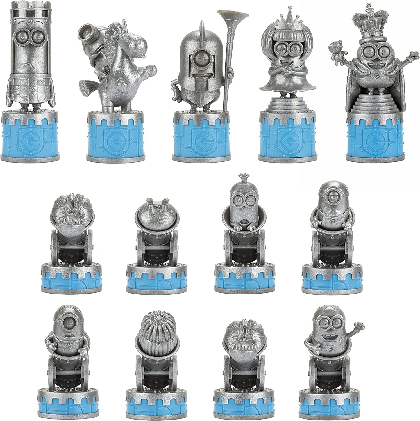 Twelve silver Minion collectible figures on blue bases, including Minion chess pieces (king, queen, rook, knight) and others