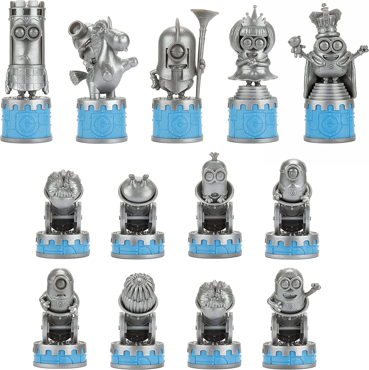 Twelve silver Minion collectible figures on blue bases, including Minion chess pieces (king, queen, rook, knight) and others