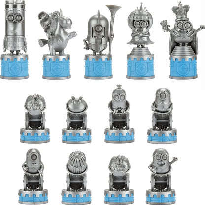 Twelve silver Minion collectible figures on blue bases, including Minion chess pieces (king, queen, rook, knight) and others