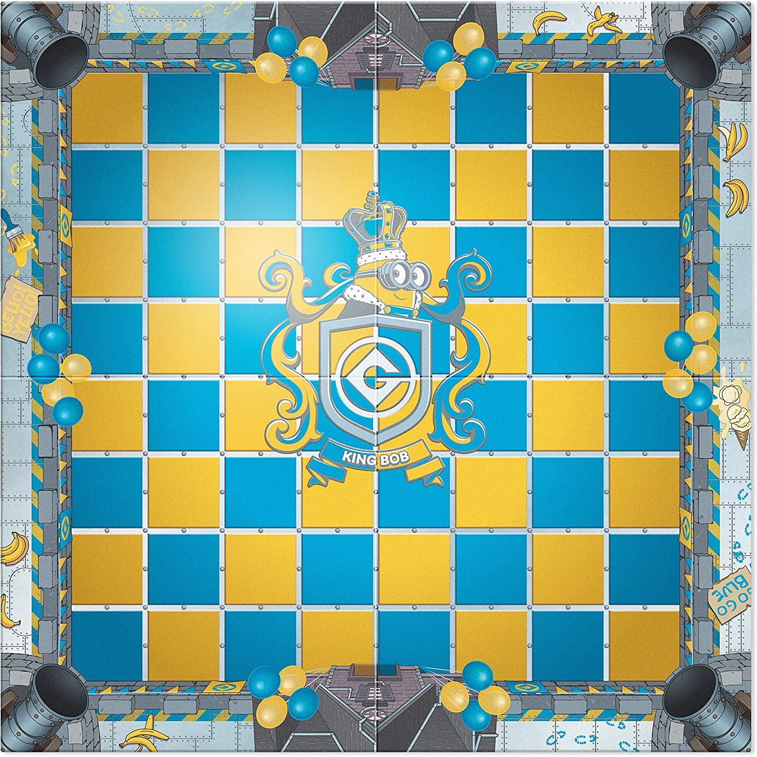 A blue and yellow checkered game board features a Minion King Bob crest, bananas, and balloons