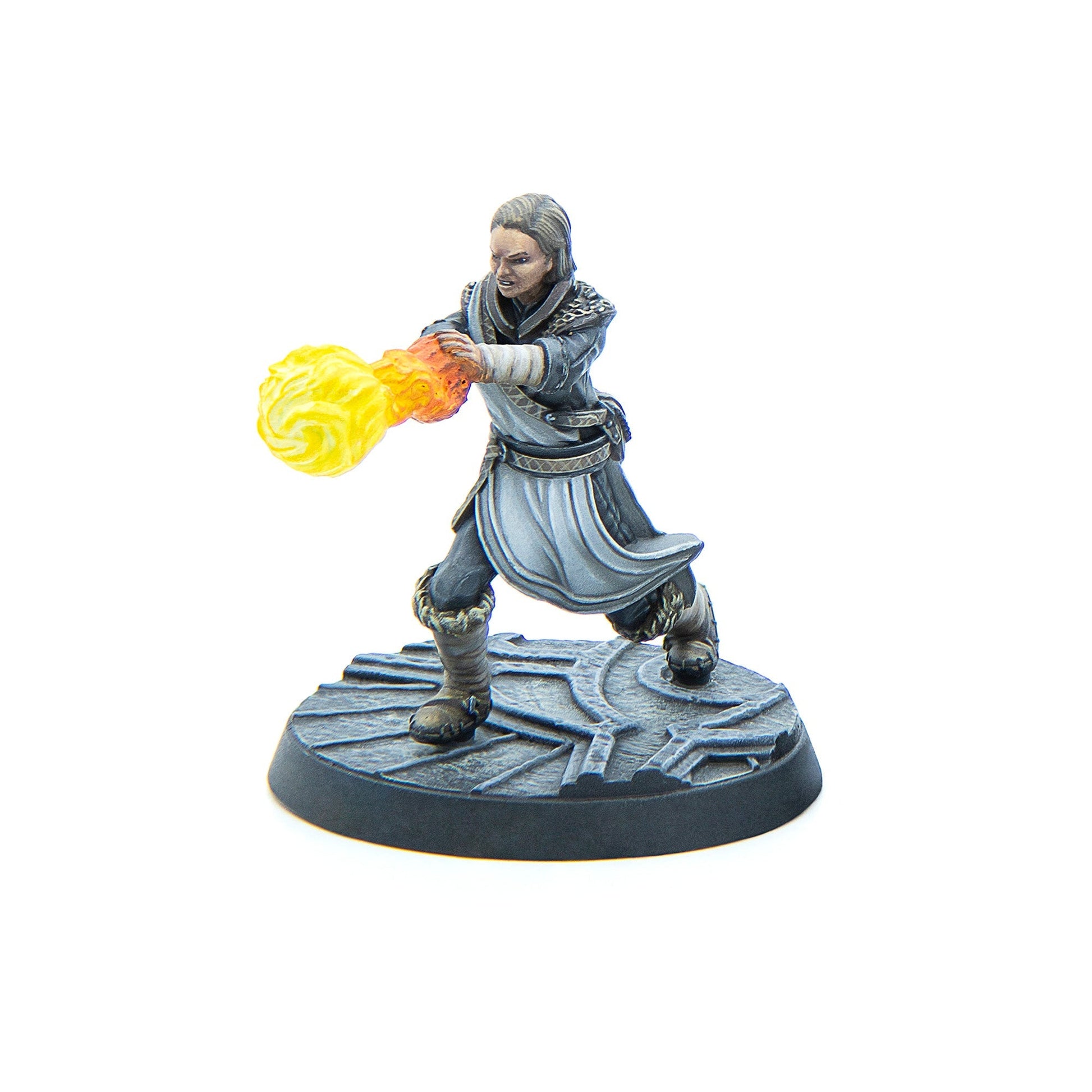 Miniature of a male figure in dark robes casting a glowing yellow and orange fireball from his hands on a carved base
