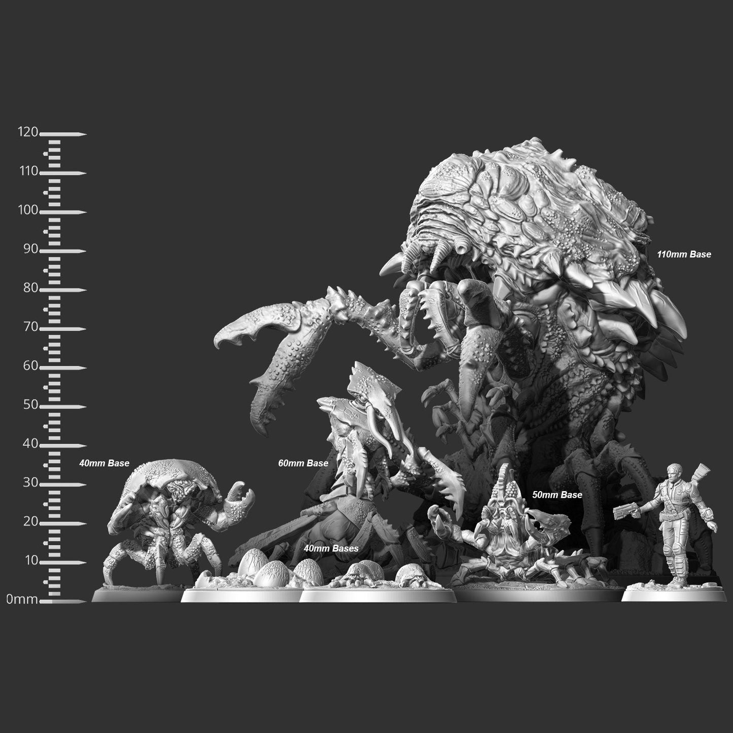 Greyscale size comparison of monster, alien, and human miniatures with a ruler