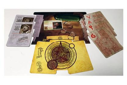 Miskatonic University themed board game components: student forms, Professor ID, arcane maps, and cryptic cards displayed.
