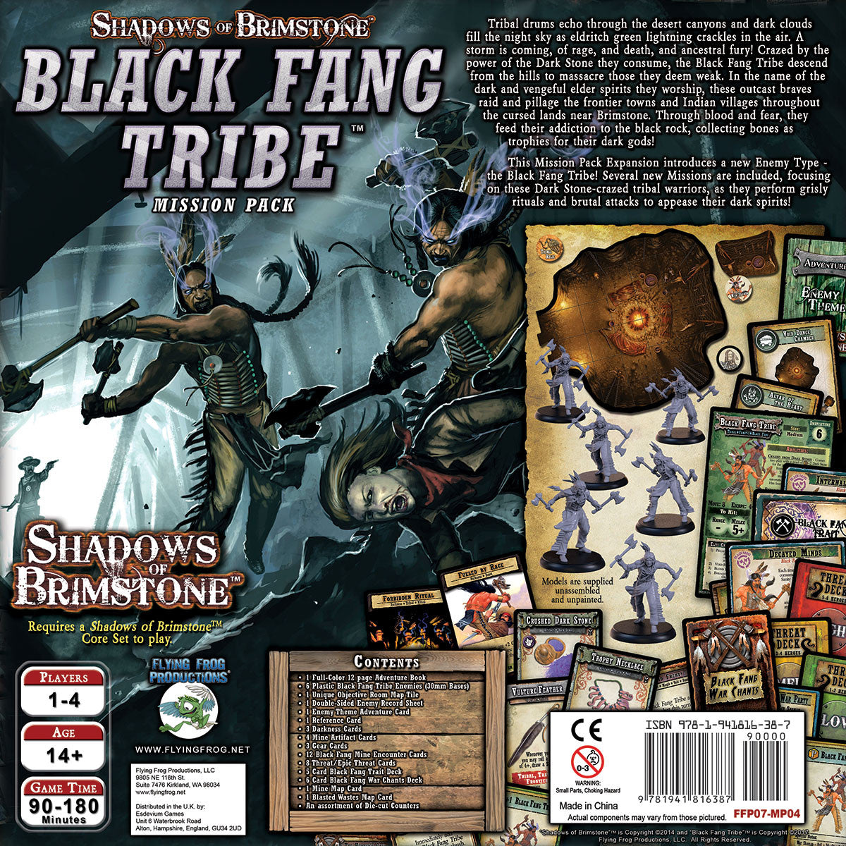 Back of Shadows of Brimstone: Black Fang Tribe box, two fierce tribal warriors attack a foe, game miniatures and cards shown
