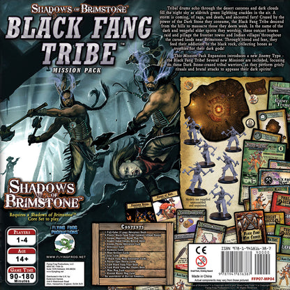 Back of Shadows of Brimstone: Black Fang Tribe box, two fierce tribal warriors attack a foe, game miniatures and cards shown