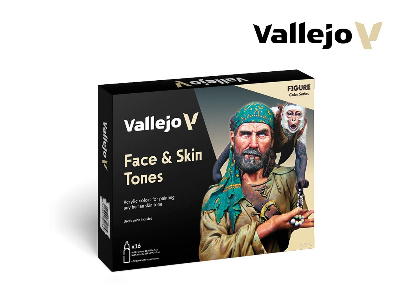 Vallejo Face & Skin Tones acrylic paint set (16 colours) for painting figures. Box shows bearded man and monkey.