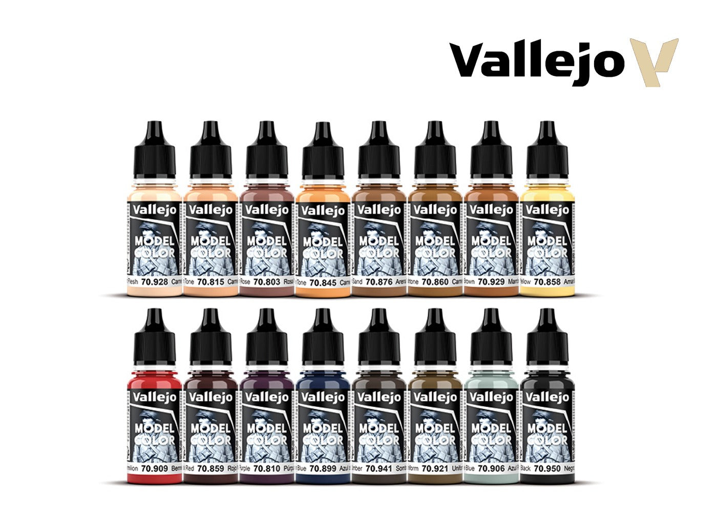 Two rows of 16 Vallejo Model Colour paints, displaying a range of skin tones, browns, and dark colours.