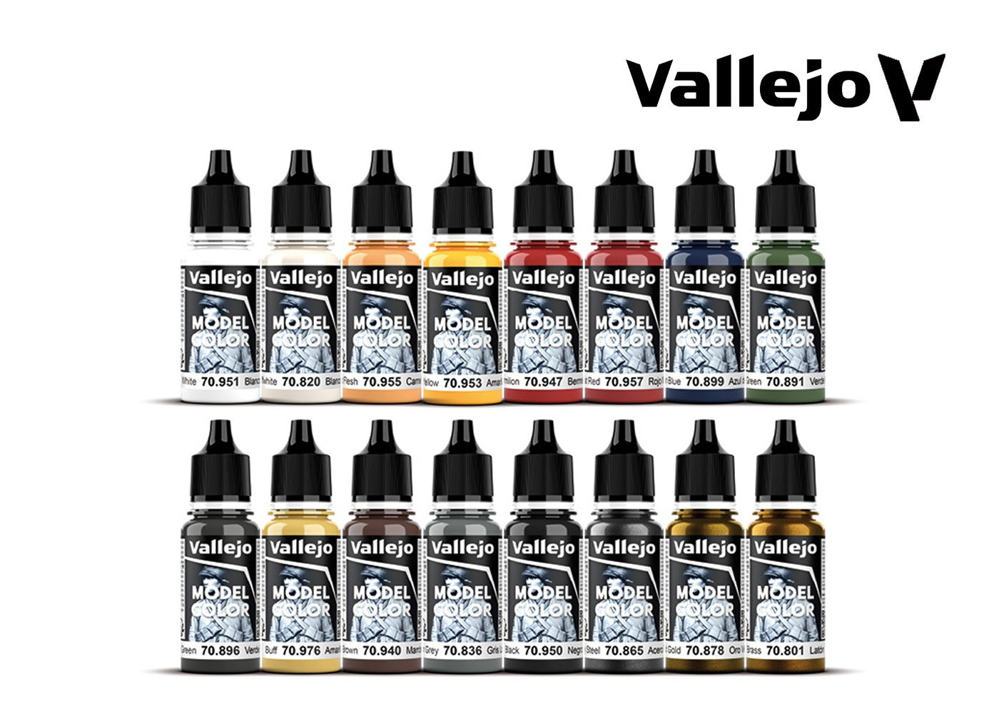 Two rows of various coloured Vallejo Model Colour paints in dropper bottles.