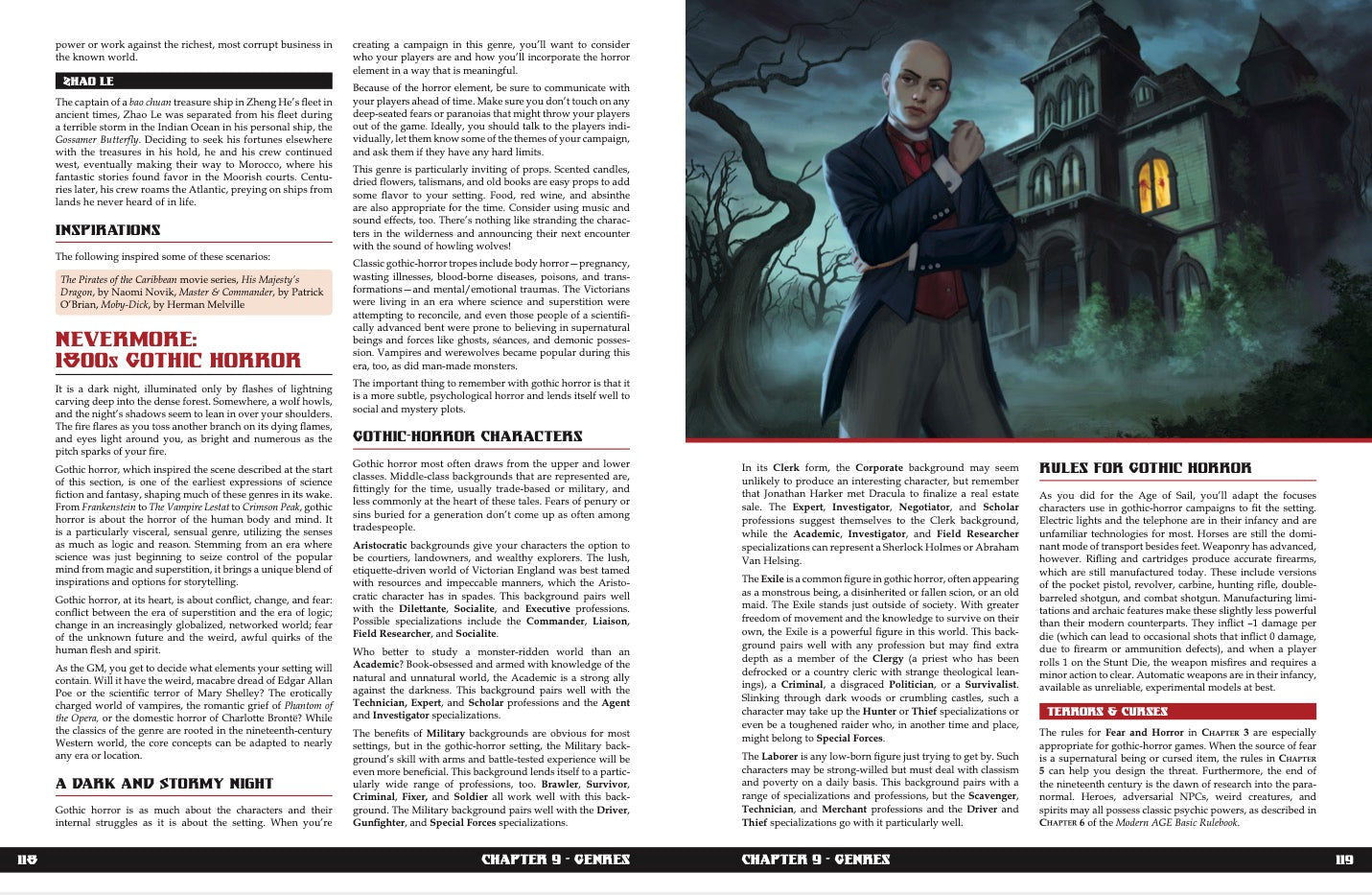 A sinister, bald man in a dark suit and red vest stands before a haunted gothic mansion with bare trees.