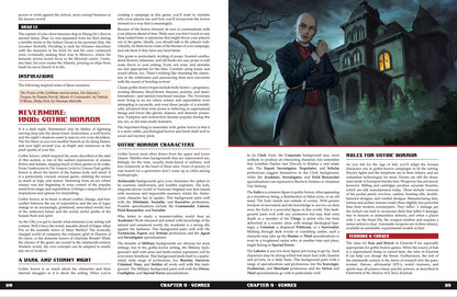 A sinister, bald man in a dark suit and red vest stands before a haunted gothic mansion with bare trees.