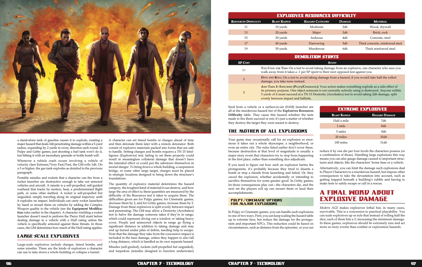 Five distinctive characters walk away from a fiery explosion, illustrated in an RPG rulebook.