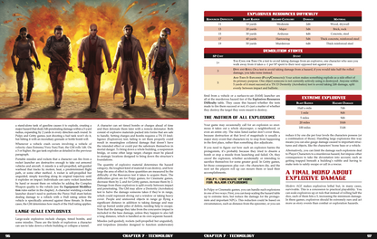 Five distinctive characters walk away from a fiery explosion, illustrated in an RPG rulebook.