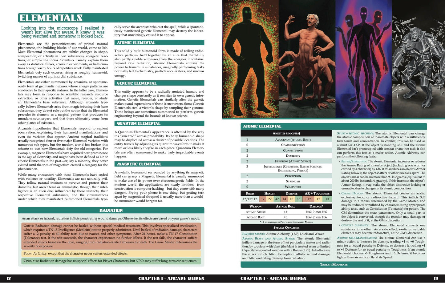 Four illustrations of varied monstrous elementals: a glowing humanoid, a multi-limbed creature, shadowy forms, and a shard-covered being.