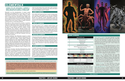Four illustrations of varied monstrous elementals: a glowing humanoid, a multi-limbed creature, shadowy forms, and a shard-covered being.