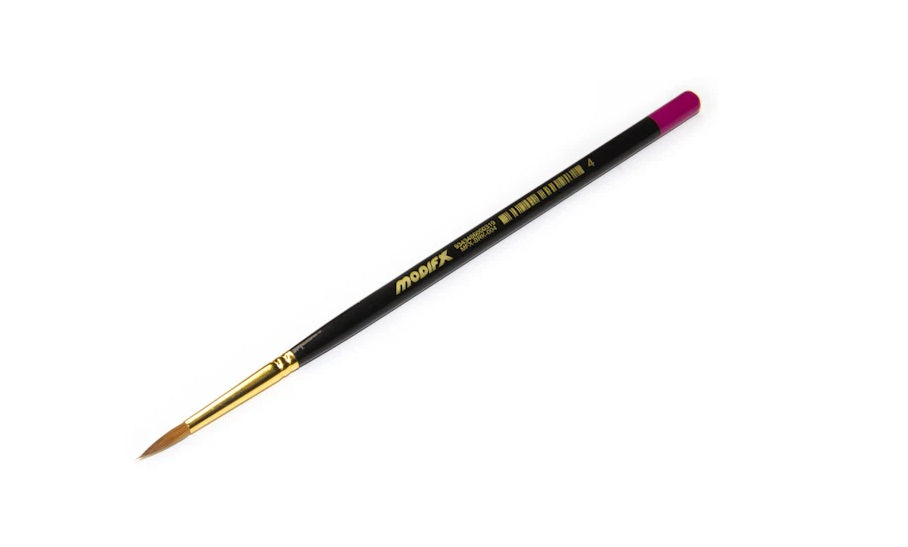 MODIFX size 4 paintbrush with black handle, gold ferrule, brown bristles, and magenta end cap