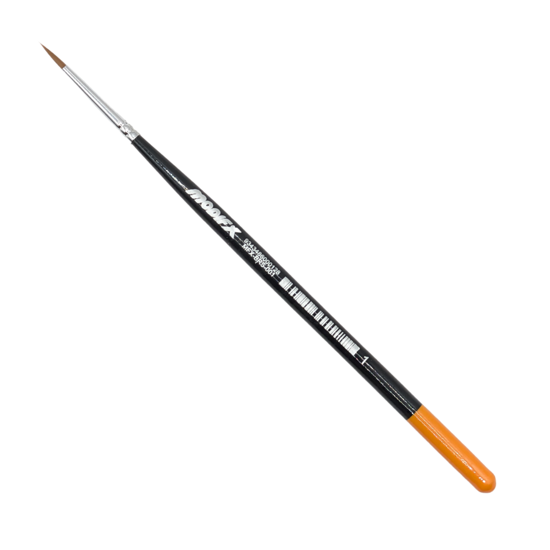 A Modelfx size 1 detail paint brush with a fine tip, black handle, and orange end