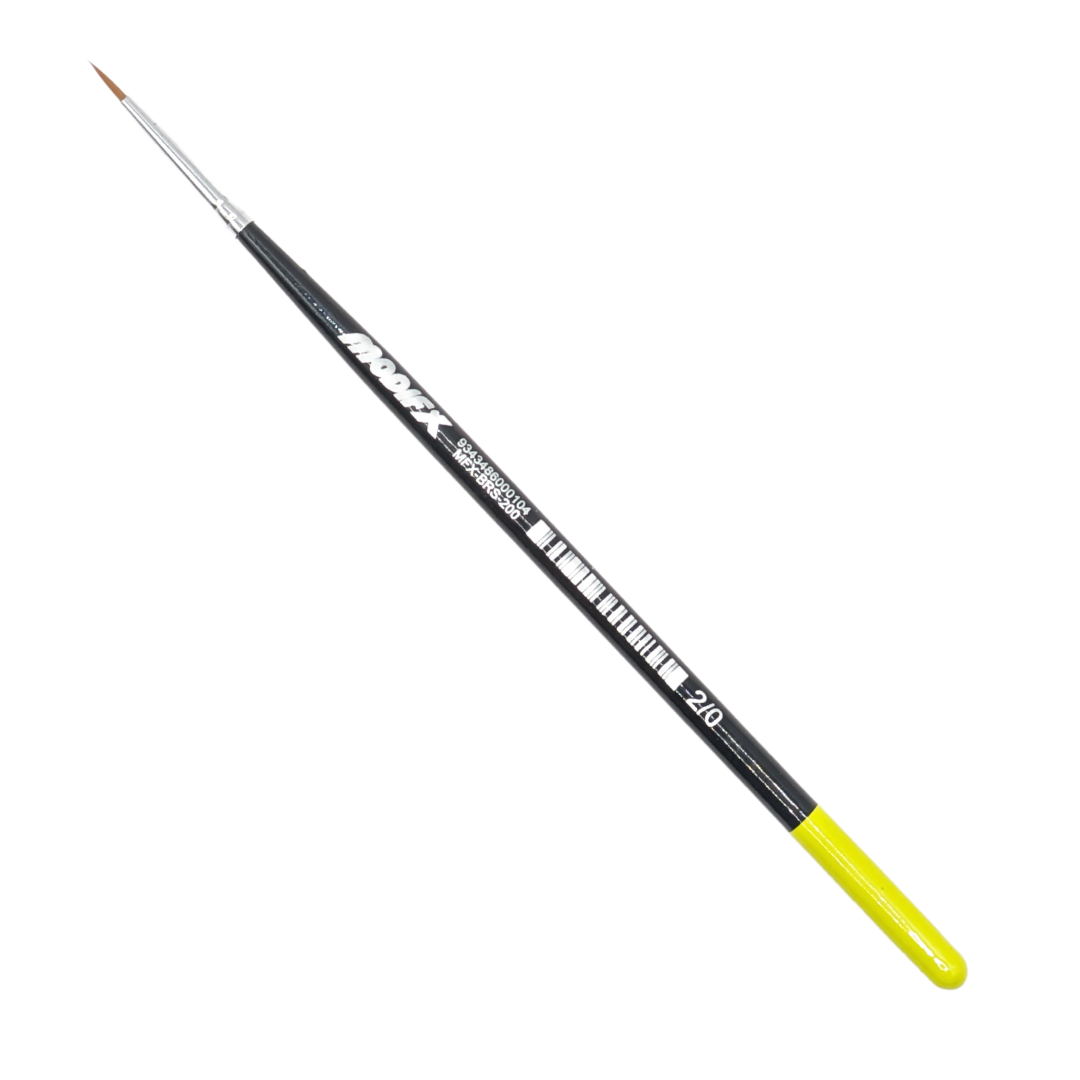 A fine detail paint brush with a black handle, angled on white background