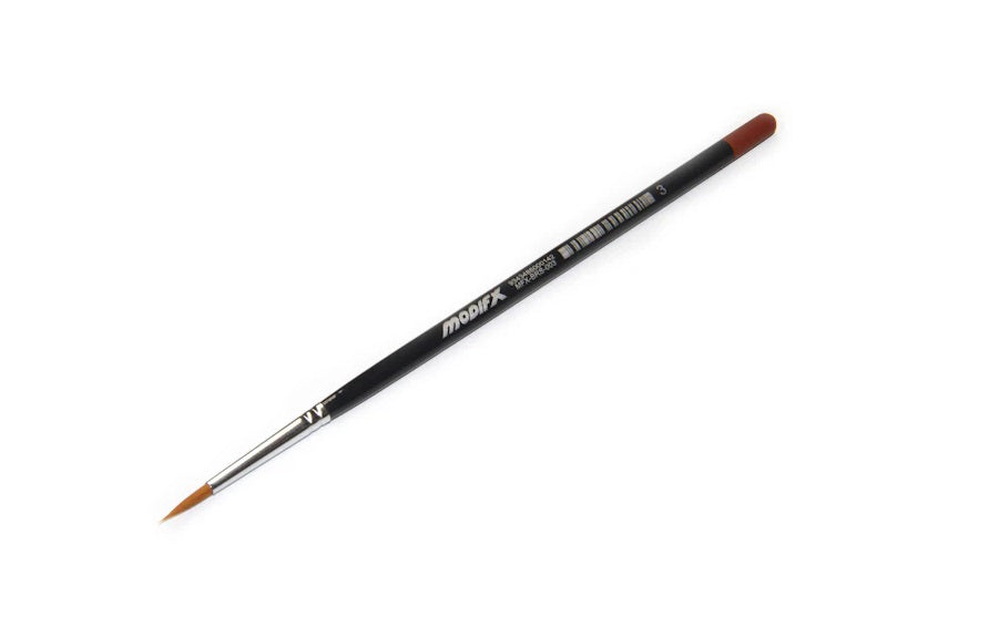 Modifix size 3 paint brush with black handle, silver ferrule, and fine brown bristles