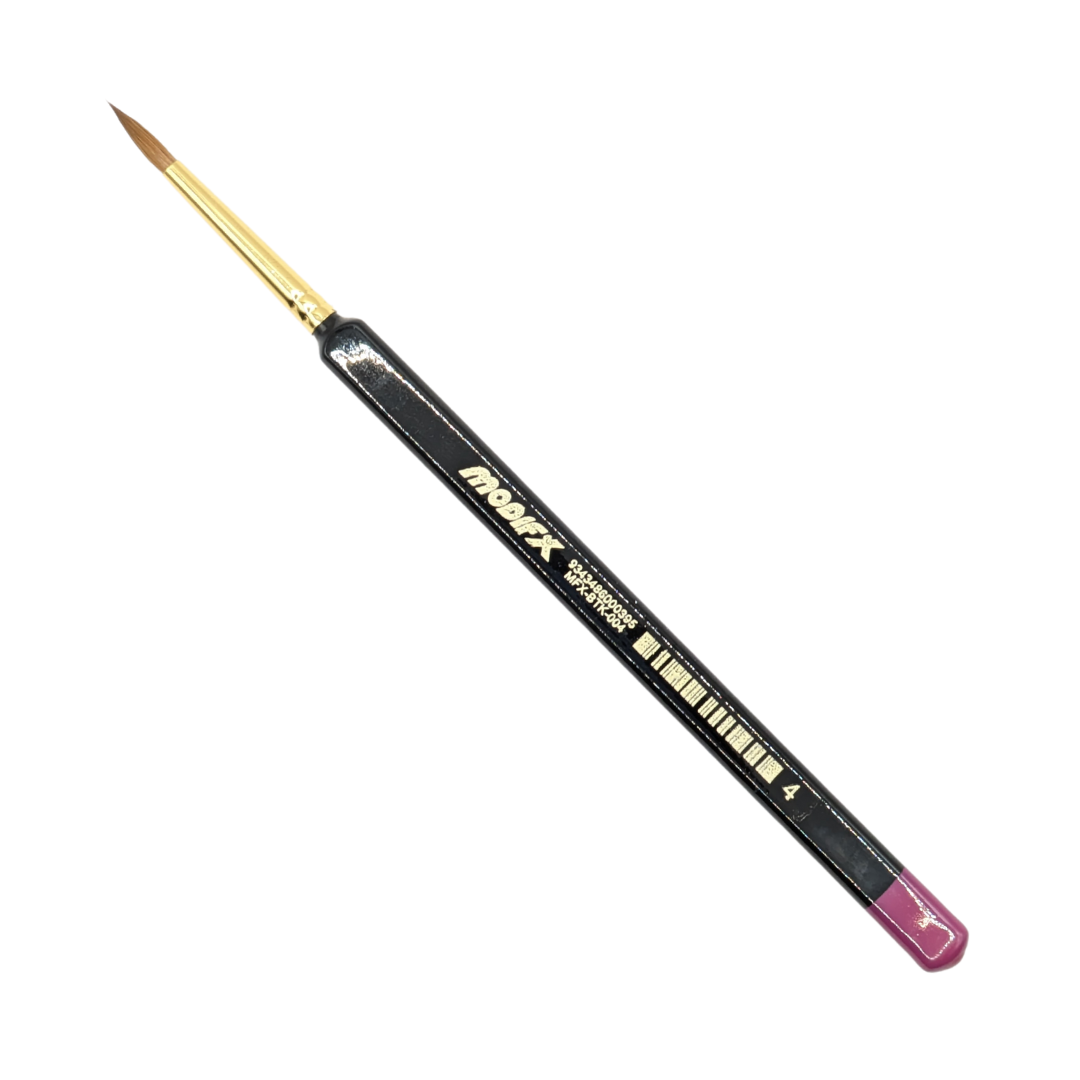 A black Modifx size 4 paintbrush with a golden ferrule, brown bristles, and a magenta end