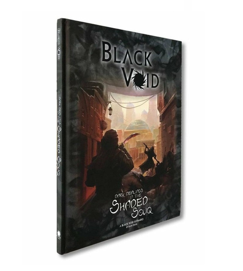 Black Void: Dark Dealings in the Shaded Souq book cover. Two cloaked figures with a curved sword confront each other in a shadowy alley.