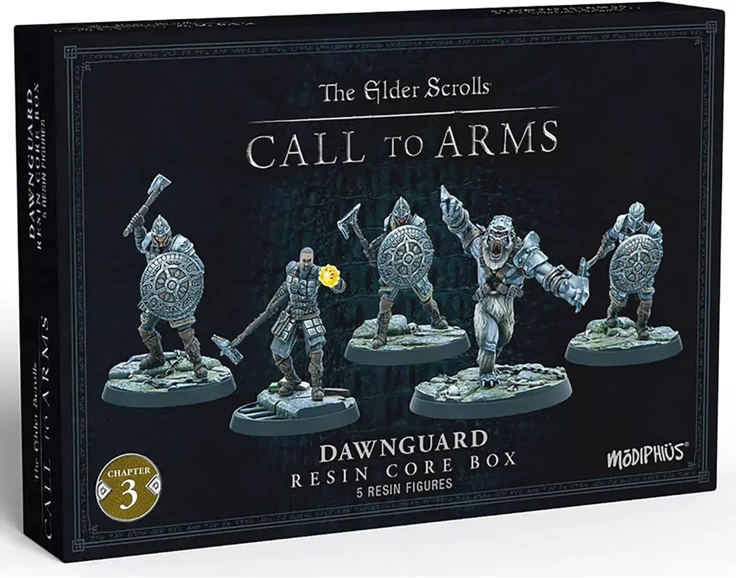Black game box for Elder Scrolls Call to Arms, showing five grey Dawnguard resin miniatures: armored figures and a beast.