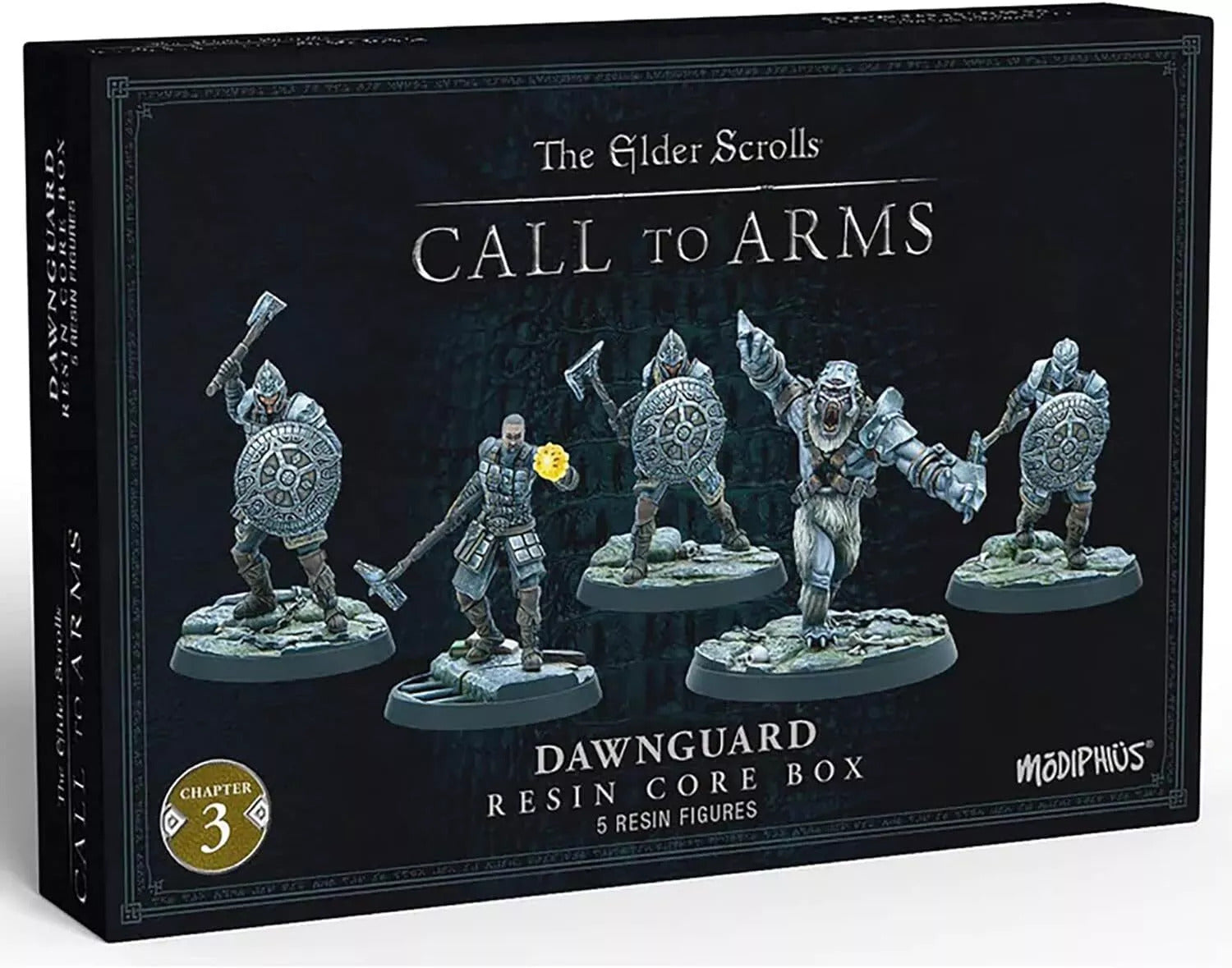 Black game box for Elder Scrolls Call to Arms, showing five grey Dawnguard resin miniatures: armored figures and a beast.