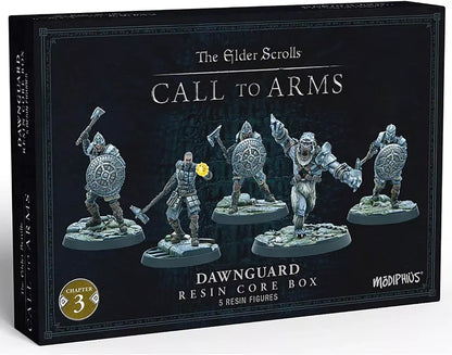 Black game box for Elder Scrolls Call to Arms, showing five grey Dawnguard resin miniatures: armored figures and a beast.