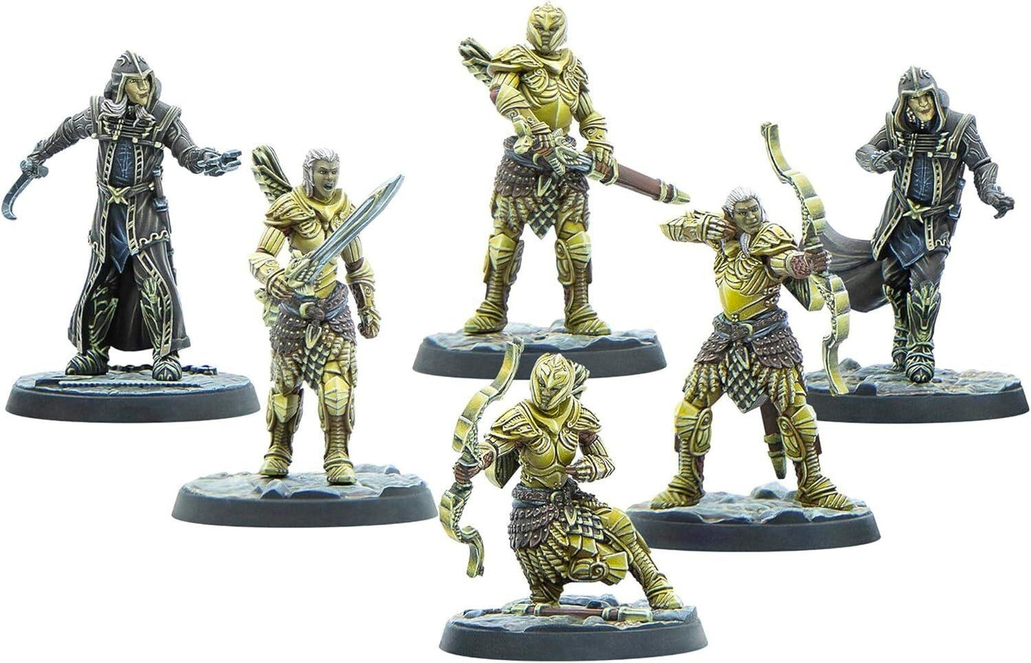 Six fantasy combat miniatures: Four gold-armored fighters, two dark-robed figures.
