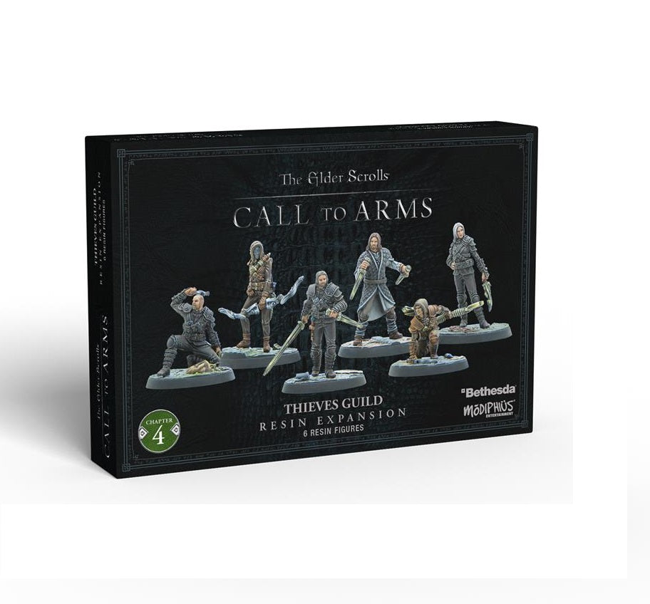 A box for The Elder Scrolls: Call to Arms Thieves Guild expansion with 6 detailed fantasy resin figures.